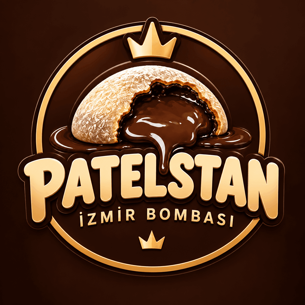 Patelstan İzmir Bombası logosu: altın taçlı rozetin ortasında içinden çikolata akan pudra şekerli bomba